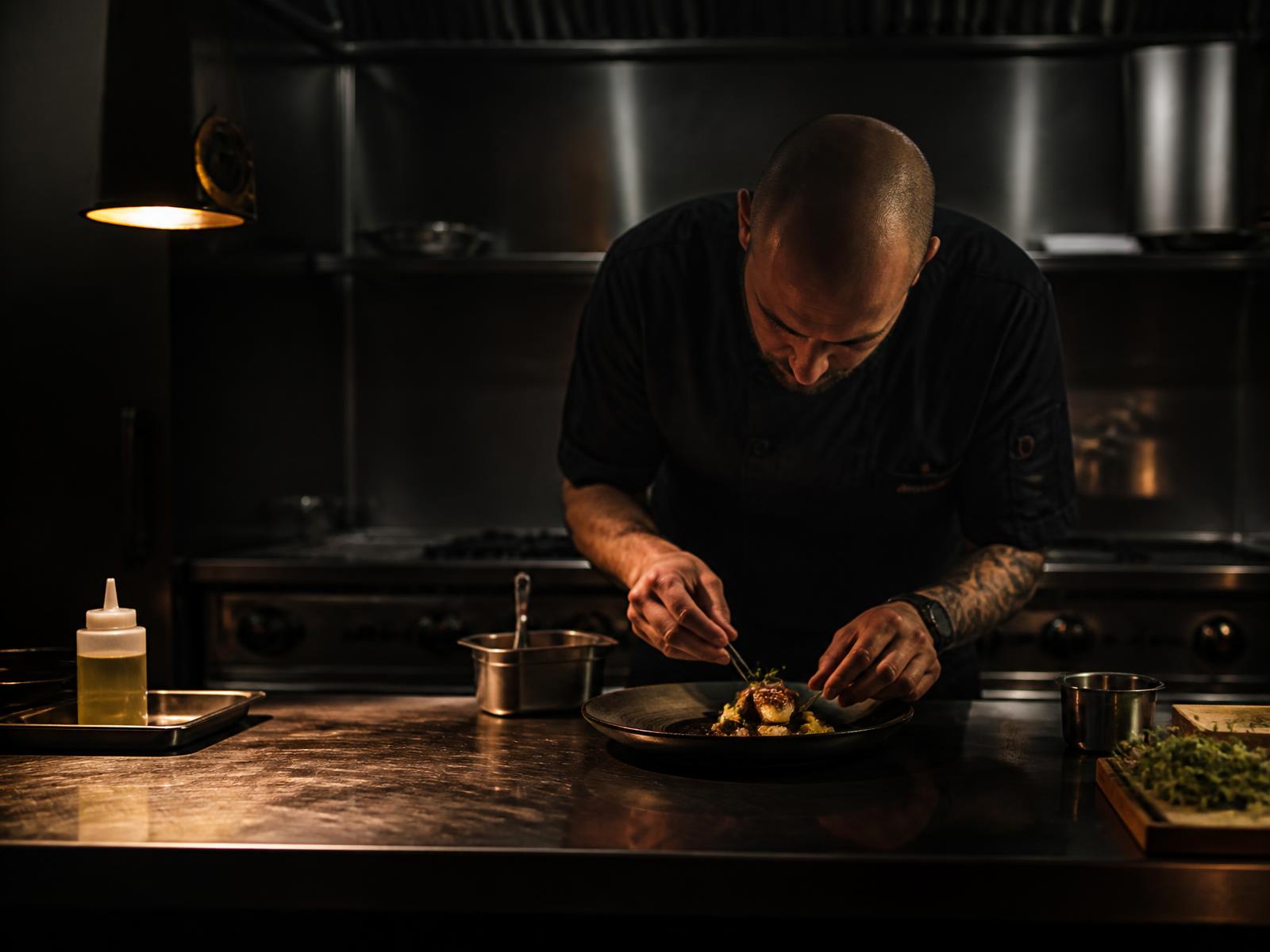 Chef plating a dish in a Dark Chefs kitchen