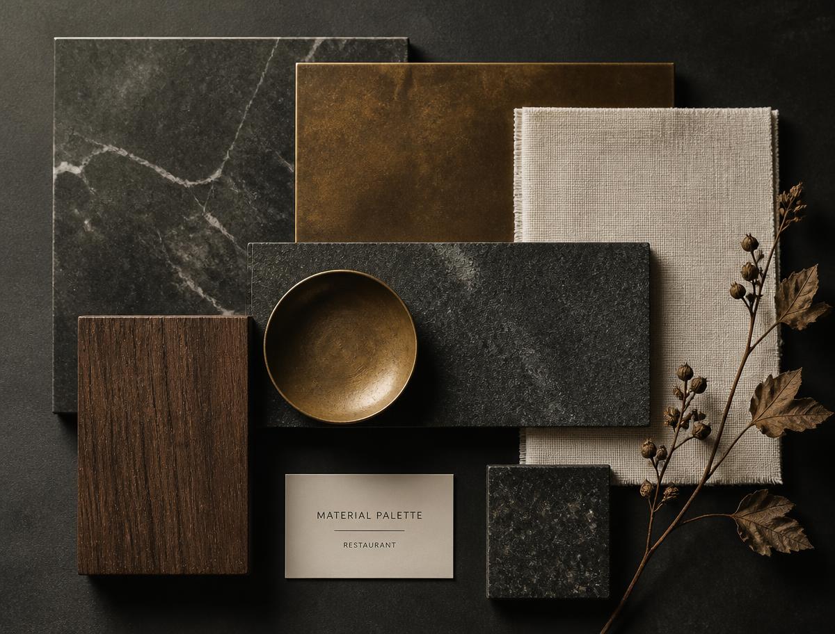 Material palette of stone, bronze, linen and walnut
